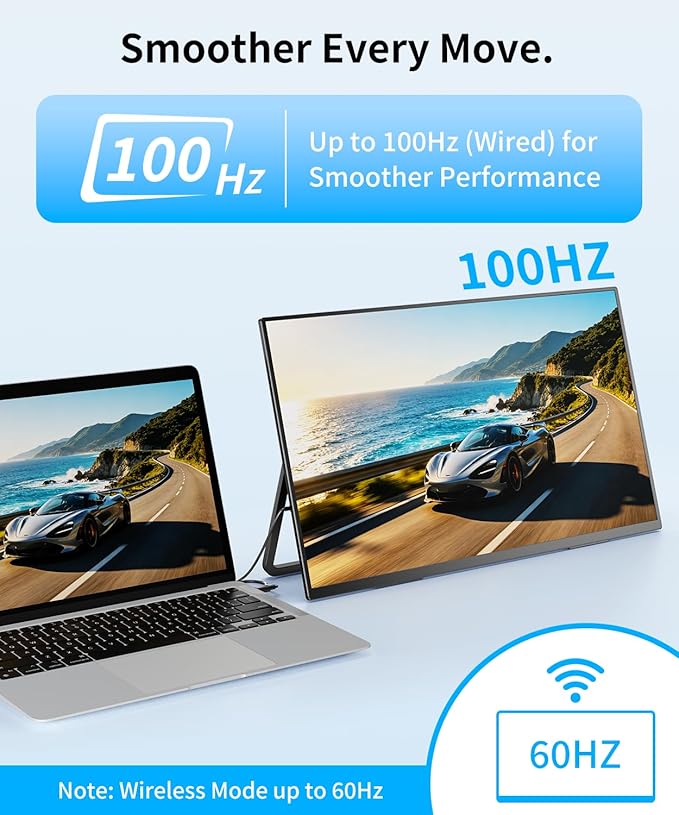 MAGICRAVEN Wireless Portable Monitor with Battery- 21.5" 1080P 100Hz IPS Second Screen for Office, AirPlay & Miracast Casting, Up to 3.5hrs Use, No Cables or Drivers Needed, Works with Laptop/PC/Phone