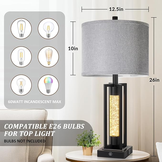 TOBUSA 26’’ Farmhouse Table Lamps for Living Room Set of 2, Modern Nightstand Lamps with Crystal Night Light & 2 USB Ports, Vintage Home Decor Black Bedside Lamps with Gray Linen Shade for Bedroom