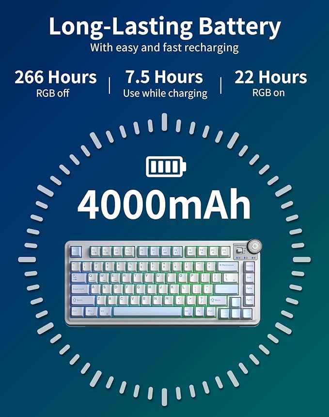Aula AU75 Wireless Mechanical Keyboard, Hot Swap Gasket Gaming Keyboard with Knob, BT/2.4G/Wired Custom Keyboard, 4000mAh Battery, 75% Five-Layer Padding PBT Keycaps, RGB Side-Strip for Win/Mac/PC