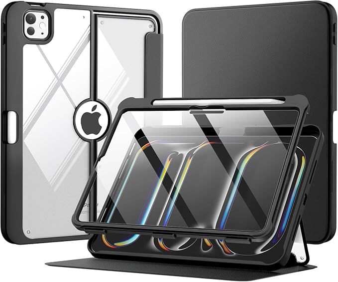 MoKo for iPad Pro 11 Inch Case (M5/M4) 2025/2024 with Pencil Holder, [Built-in Screen Protector], iPad Pro 11 M5/M4 Case with Clear Back & Magnetic Multi Angle Stand Cover, Black