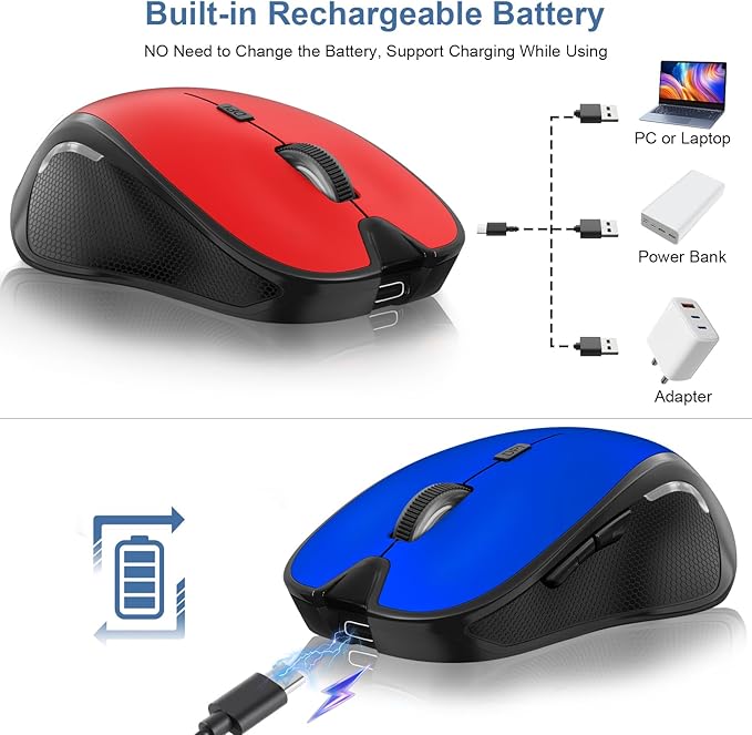 Mouse for MacBook Wireless Bluetooth Mouse Laptop MacBook Air Mac Pro Rechargeable Silent PC iPad Optical Mouse with Jiggler Dual Mode Switch Bluetooth 5.2/3.0 and 2.4GHz USB Type-C Receiver Blue