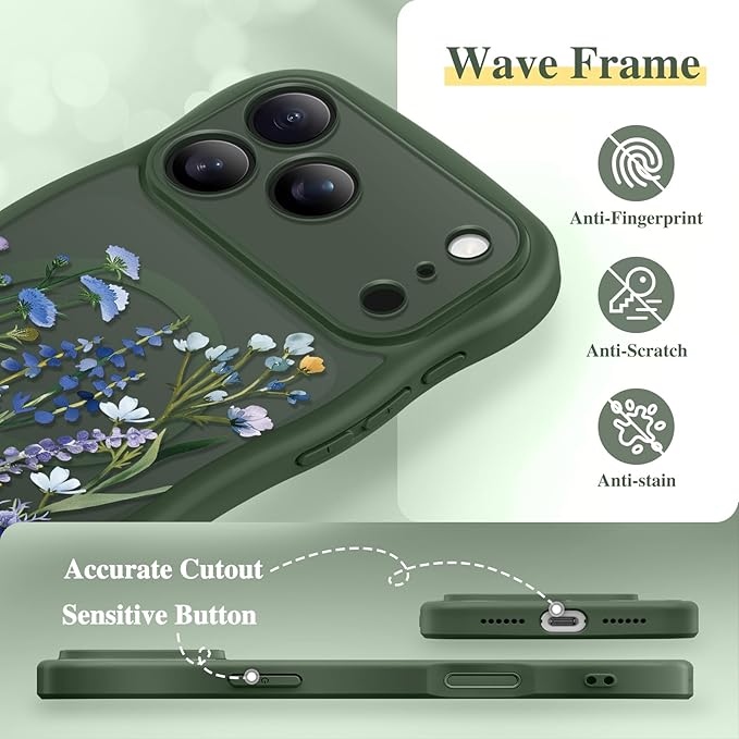 GVIEWIN for iPhone 17 Pro Max Case Compatible with MagSafe [Curly Wave Edge][Full Camera Protection] Floral Translucent Shockproof Magnetic Women Phone Case for 17 Pro Max, Sweet Posy/Forest Green