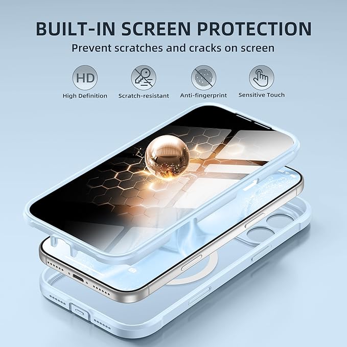 BERFY for iPhone 17 Pro Max Case, Compatible with MagSafe, Built-in Privacy Screen Protector, Camera Protection, Shockproof Full Body Phone Case 6.9", Translucent Light Blue