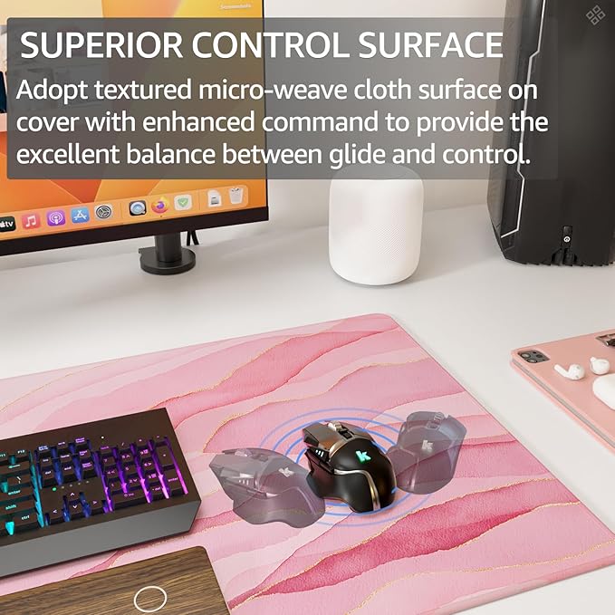 KTRIO Large Gaming Mouse Pad Desk Mat, Superior Micro-Weave Cloth, Non-Slip Rubber Base, Stitched Edges, Water-Resistant, for Gamer, Office & Home, 31.5 x 15.7 Inch，Pink Glow