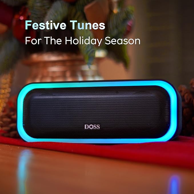 DOSS SoundBox Pro Bluetooth Speaker, 20W Stereo Sound, Active Extra Bass, 20H Playtime, Multi-Colors Lights, Wireless Stereo Pairing, IPX6 Waterproof for Garden, Hiking, Camping, Beach, Party-Blue