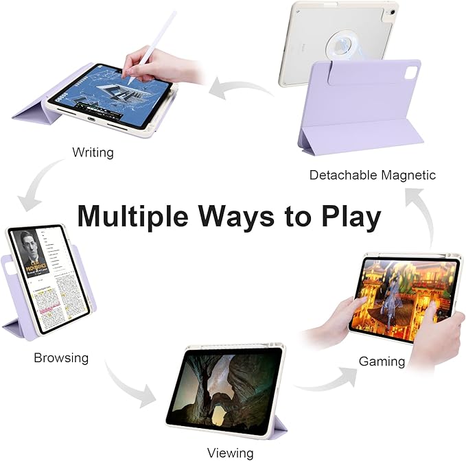 Case for iPad Air 13 Inch M4/M3/M2 2026/2025/2024, iPad Pro 12.9" 6th/5th Gen. 2022/2021 with Pencil Holder, Vertical Stand, Detachable Magnetic Trifold Stand Case,Auto Wake/Sleep,Lilac+White