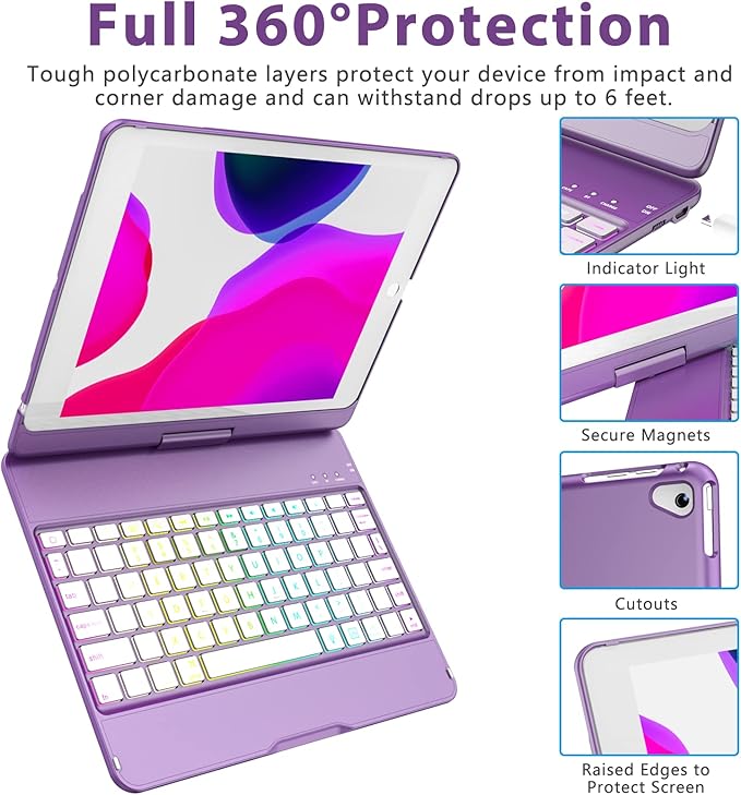 MMK iPad Keyboard Case for iPad 6th Gen 2018,5th Gen 2017, Pro 9.7, Air 2,Air 1, Backlit 10 Color 360 Screen Rotation Case with Keyboard, Auto Sleep/Wake - Violet