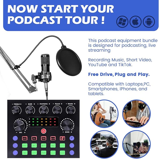 Podcast Equipment, Podcast Equipment Bundle with BM-800 Microphone & V8s Sound Card, Recording Studio Equipment for Singing, Gaming, Live Streaming and YouTube Tiktok