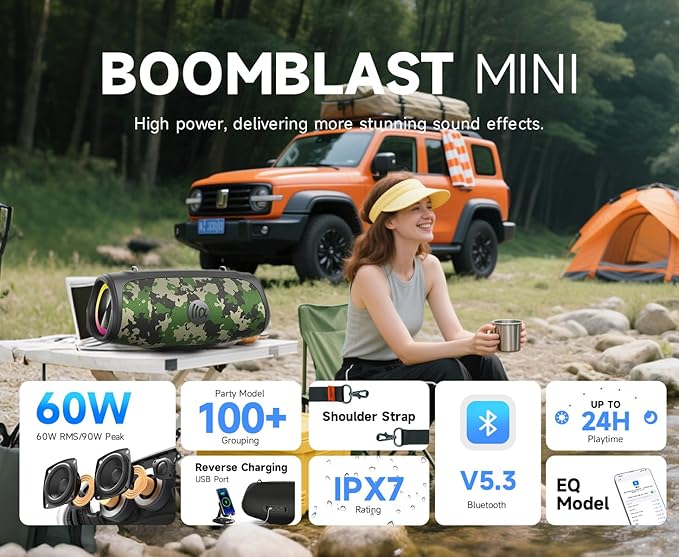 TAZATA Portable Bluetooth Speaker 60W RMS,90W Peak Loud Subwoofer Wireless Stereo with HD Sound,8H Playtime IPX7 Waterproof for Party cmaping Beach