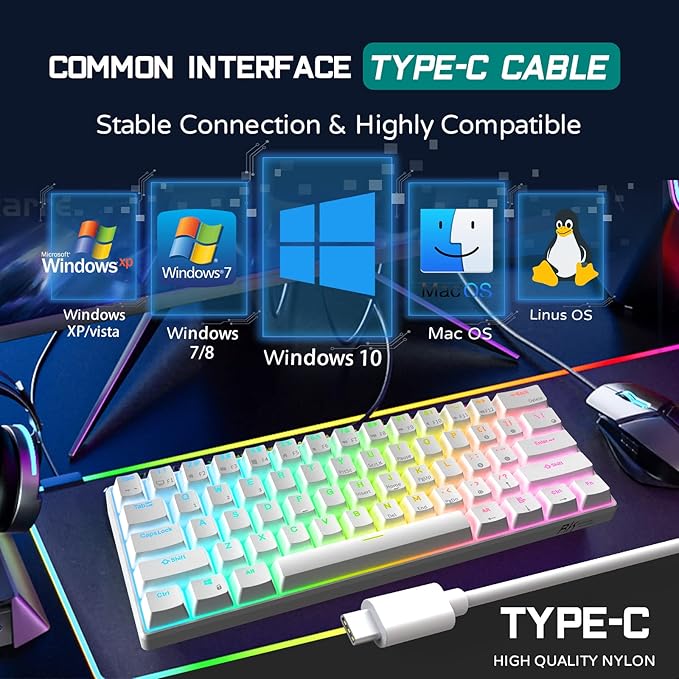 RK ROYAL KLUDGE RK61 Wired 60% Mechanical Gaming Keyboard Programmable QMK/VIA RGB Backlit 61 Keys Ultra-Compact Hot Swappable Blue Switch White