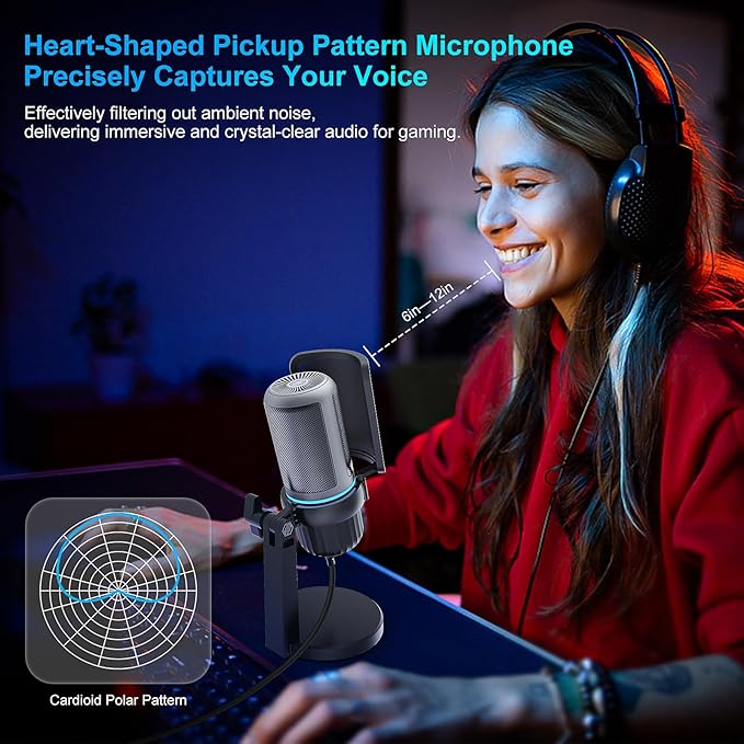 USB Condenser Gaming Microphone, PC Microphone for Streaming, Podcasts, Recording, Desktop Computer Mic with Mute Button & LED Indicator, Volume Control, Headphone Jack