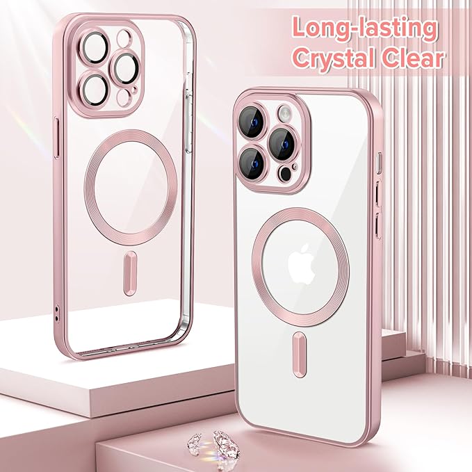 Hython Magnetic Clear for iPhone 12 Pro Case with Camera Lens Protector [Compatible with MagSafe] Luxury Plating Edge Slim Soft TPU Cover Protective Phone Case for iPhone 12 Pro 6.1", Matte Pink