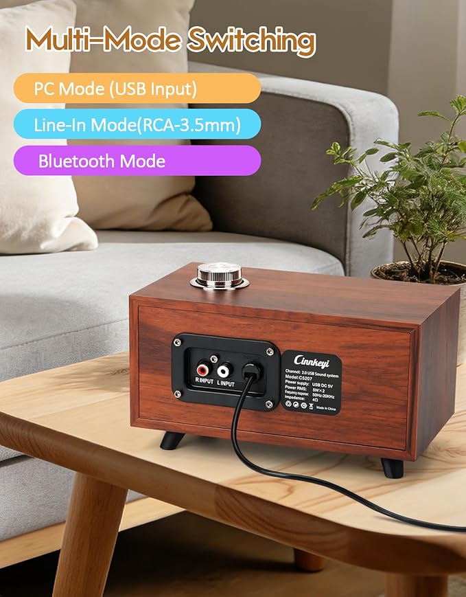 Wooden PC Soundbar Computer Speakers –PC Speakers USB Powered | PC| Line-In | Bluetooth 3 Modes, 3.5mm/USB Input Wooden Computer SoundBar Compact Stereo Speaker for Desktop, Laptop, Monitor, Tablet