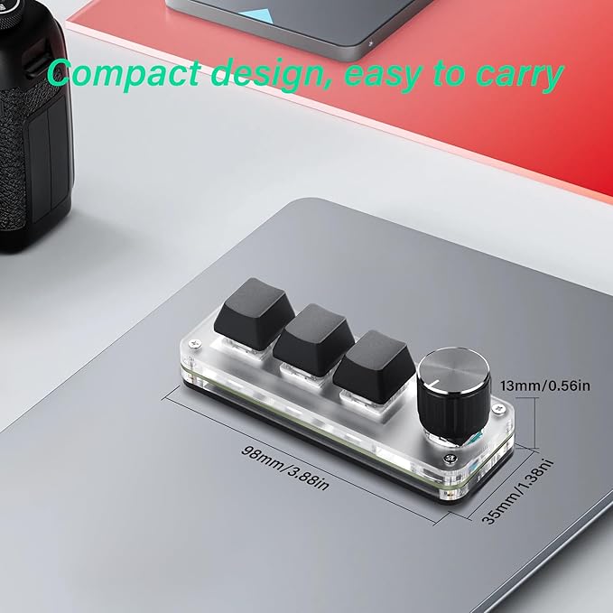 SinLoon Mini Programmable Mechanical Keyboard with 3 Keys & 1 Control Knob for Macro Shortcuts | PC Setup for Multi-Device Use | Portable, Hot-Swappable Macro Keyboard for Gaming, Office, Bea