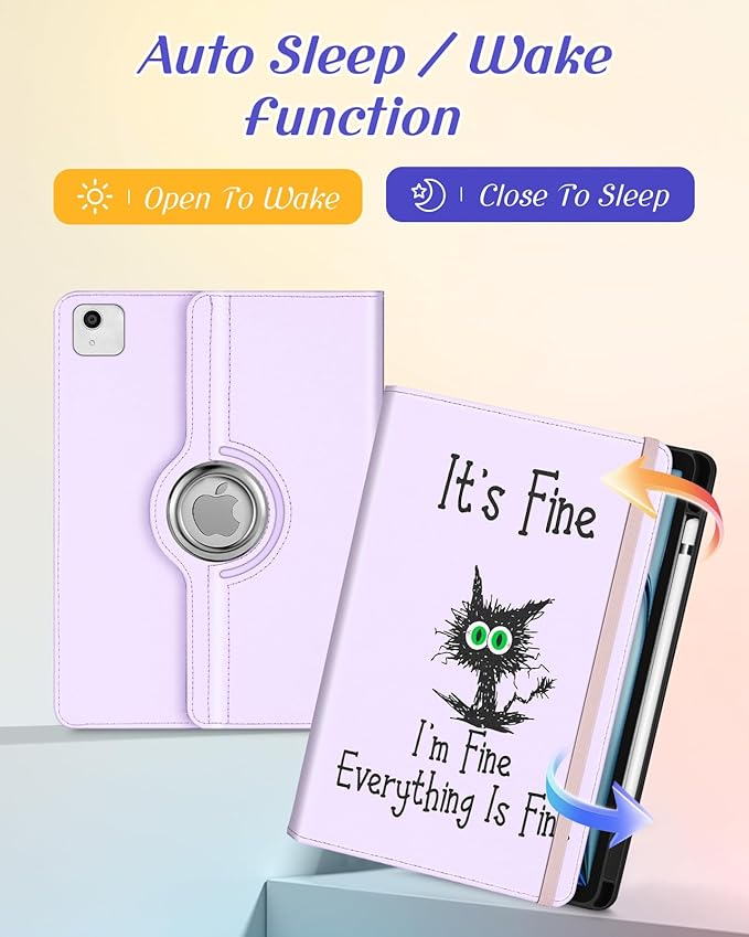Kidcube for iPad Air 11 Inch Case M3/M2, Air 5th/4th Generation Cases 10.9'', Pro 11'' 2020 - Women Girls Aesthetic Cute Rotating Stand Folio Cover with Pencil Holder & Card Slot Girly Kawaii Cat