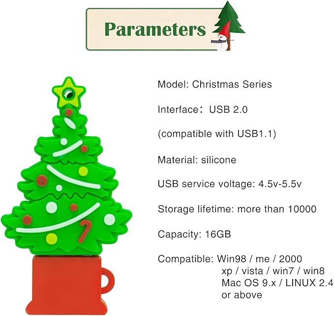 Christmas Tree Flash Drive 16GB, Gift USB Stick with Chain for Family,Kids,Friends,Students,Teacher Merry Christmas