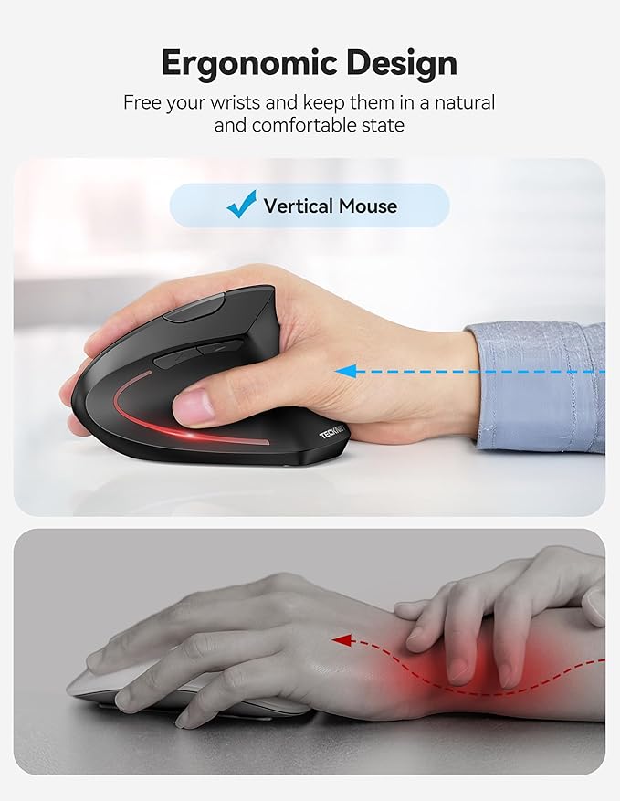 TECKNET Ergonomic Mouse with Jiggler, Bluetooth Wireless Vertical Mouse, 4800DPI Rechargeable Carpal Tunnel Mouse, Undetectable Random Movement Keeps Computers Awake for PC, Laptop, Mackbook