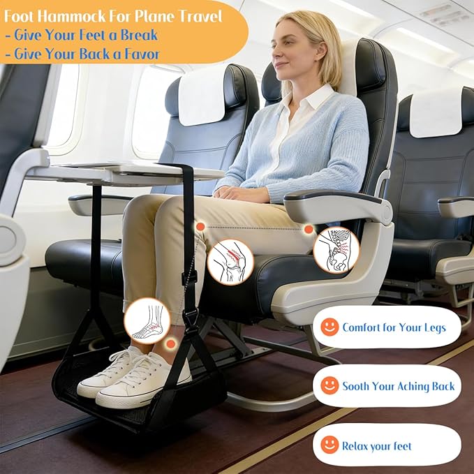Foot Hammock for Plane Travel - Portable Adjustable Airplane Foot Hammock with Memory Foam - Hardboard, Prevents Feet Clashing, Relieves Swelling - Travel, Office Essentials
