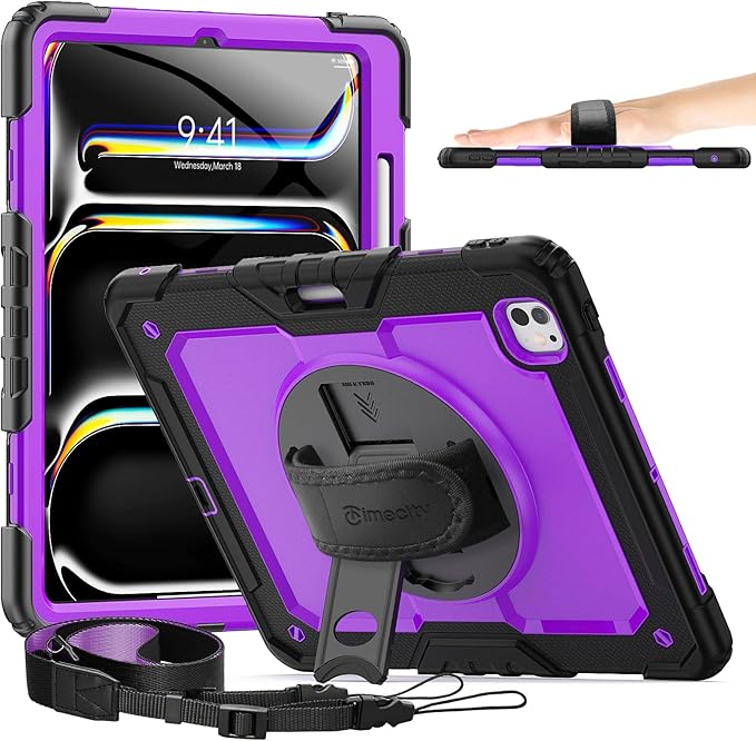 timecity Case for iPad Pro 13 Inch M5 2025 / M4 2024, 360° Rotating Stand, Pencil Holder & Wireless Charging, Shockproof with Screen Protector & Shoulder Strap - for Designers & Professionals, Purple