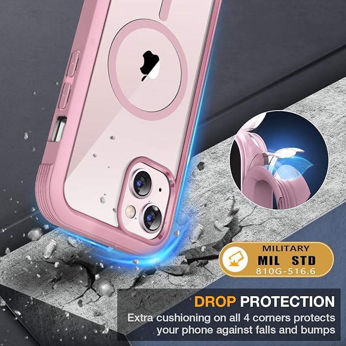 Miracase for iPhone 13 Case 6.1'',Full-Body Magnetic Clear Bumper Case with Built-in 9H Tempered Glass Screen Protector,Military Drop Protection Outdoor Phone Case,Pink