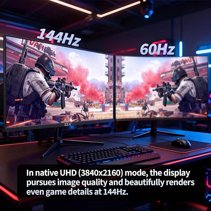 ZZA 27 Inch 4K Gaming Monitor,UHD(3840x2160) 4K 144Hz Flat Monitor, Adaptive Sync,HDMI 2.1 & DP 1.4,Tilt Adjustment PC Monitor, Wall Mountable, for Work, Streaming, and Home Office, Black