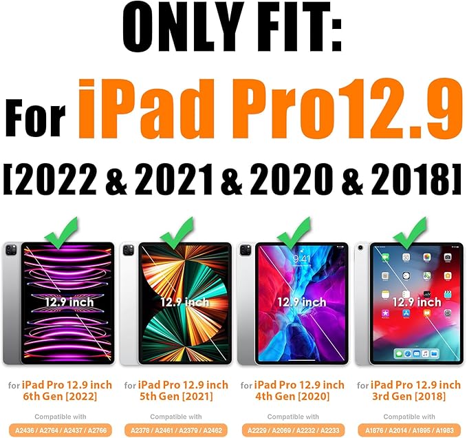 SEYMAC stock Case for iPad Pro 12.9'' 2022/2021/2020/2018 with Screen Protector 360 Rotating Stand Hand Strap, Drop-Proof Case for iPad Pro 12.9''(6th/5th/4th/3rd Generation), Black