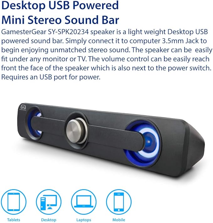 GamesterGear Desktop Compact USB Powered Wired Multimedia Mini Stereo Sound Bar 3.5mm Audio Jack Blue LED 2.5 Watts Speaker