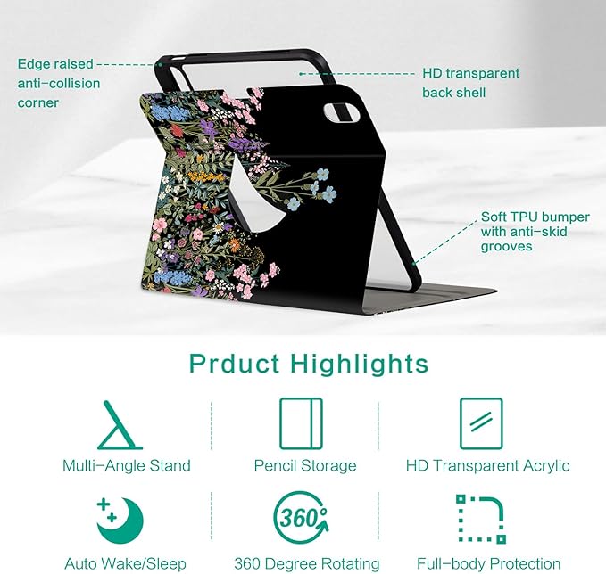 for iPad (A16) 11Th/10Th Generation Case 2025/2022, for iPad A16 Case 11th/10Th Generation 360 Degree Rotating Pencil Holder, Auto Wake/Sleep 4 Viewing Angles Slim Cover, Black Flower Art