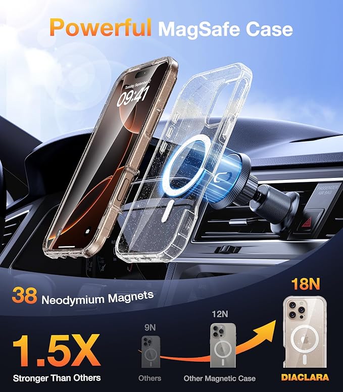 Diaclara Magnetic Designed for iPhone 16 Pro Case, Full Body Rugged with Touch Sensitive Anti-Scratch Screen Protector, Compatible with MagSafe, Soft Bumper Case for iPhone 16 Pro 6.3'', Clear Glitter