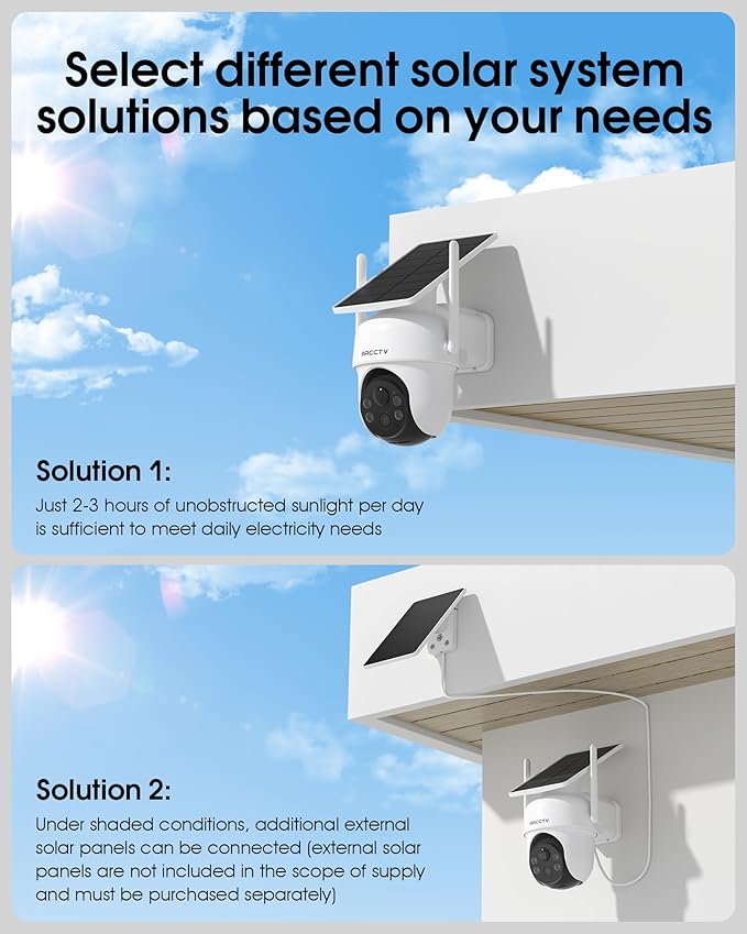 ARCCTV Solar Security Cameras Wireless Outdoor, 4MP 360° View Battery Powered Cam, Spotlight Night Vision, 2-Way Audio, 2.4G/5G Dual Band WiFi, PIR Motion Alert, Suitable for Q4 Camera Kit