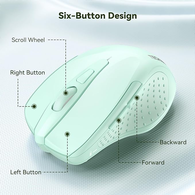 TECKNET Wireless Mouse, 2.4G Ergonomic Optical Mouse, Computer Mouse for Laptop, PC, Computer, Chromebook, Notebook, 6 Buttons, 24 Months Battery Life, 2600 DPI, 5 Adjustment Levels - Green