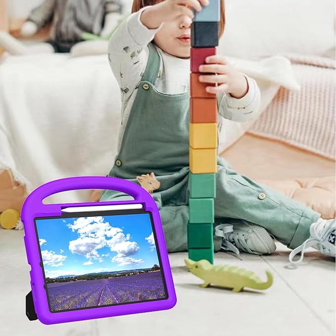 Kids Case for iPad Pro 11" M5 2025/M4 2024 & iPad Air 11" M3 2025/M2 2024, Techcircle Child Shock Proof EVA Protective [Support Pencil Charging] Handle Stand Cover, Purple