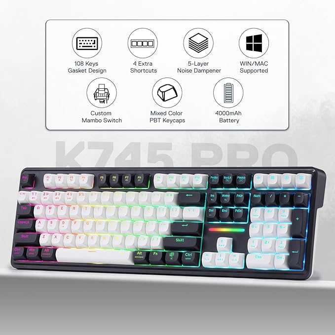 Redragon K745 PRO Wireless Gasket RGB Gaming Keyboard, 108 Keys Mechanical Keyboard w/Extra 4 Hotkeys, Hot-Swap Socket, 5-Layer Noise Dampening, See-Through Round PBT Keycaps, Mint Mambo Switch