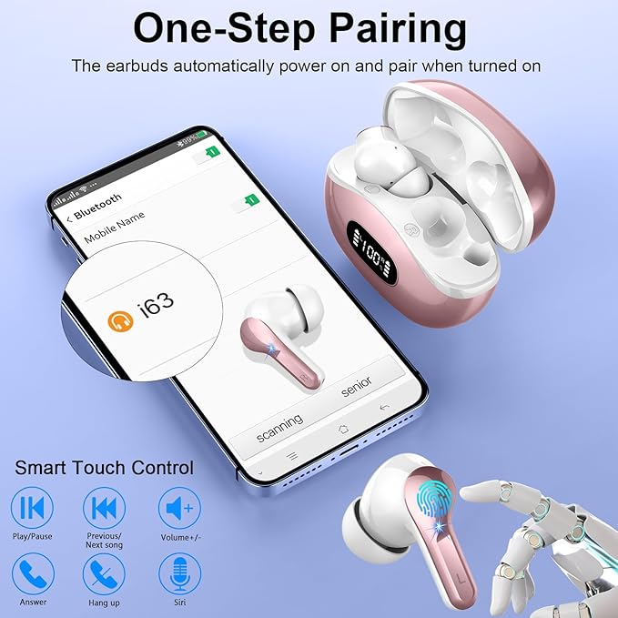 Wireless Earbuds, 48Hrs 2026 Bluetooth Headphones, Hi-Fi Stereo Deep Bass Ear Buds, ENC Noise Cancelling Mic, Clear Calls, IP-X7 Waterproof, USB Sport Earphone in Ear for Phones Laptop Pad, Rose Gold