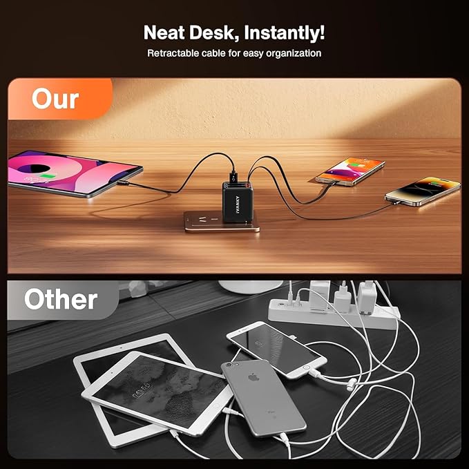 4-in-1 Retractable GaN 45W Wall Charger Plug for iPhone 17, Travel Essentials Brick Multiport Dual 31.5" Cables (USB C+Lightning) Adapter Fast Charging Block for iPhone 17/16/15/14/13/12,MacBook Neo
