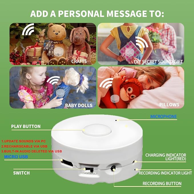 XLW Voice Recorder,16Min Voice Recording Button for Stuffed Animals, Bear,Crafts Pillow.16MB Record Custom Messages for Xmas Halloween New Year Birthday Creative DIY Present (2P White)