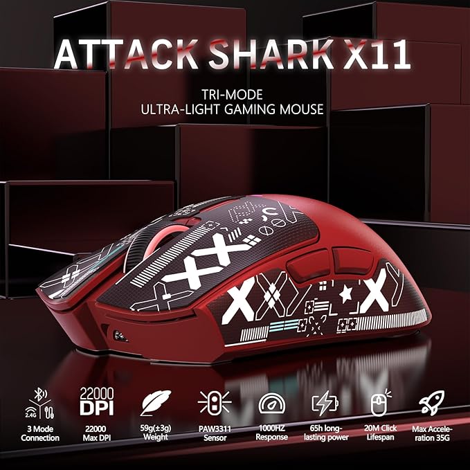 MAGIC-REFINER Attack Shark X11 59g Superlight Wireless Gaming Mouse with Grip Tape, RGB Charging Dock，BT/2.4G Wireless/Wired Pc Mouse, 22000 DPI,5 Programmable Buttons for Pc/Mac(Red)