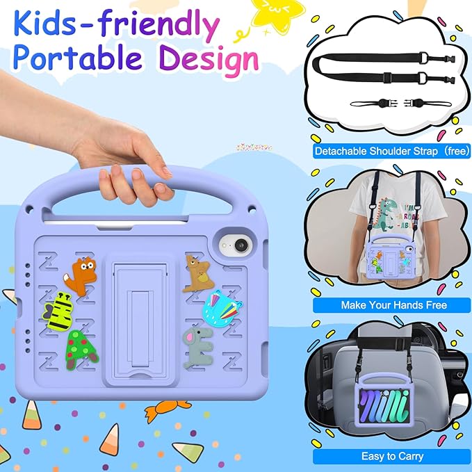 Kids Case for iPad mini 7(A17 Pro) 2024/iPad Mini 6 2021 8.3 Inch, with Built-in Pencil Holder/Anti-Slip Handle/Foldable Stand, Shockproof Protective iPad mini 7th/6th Generation Case 8.3 Inch