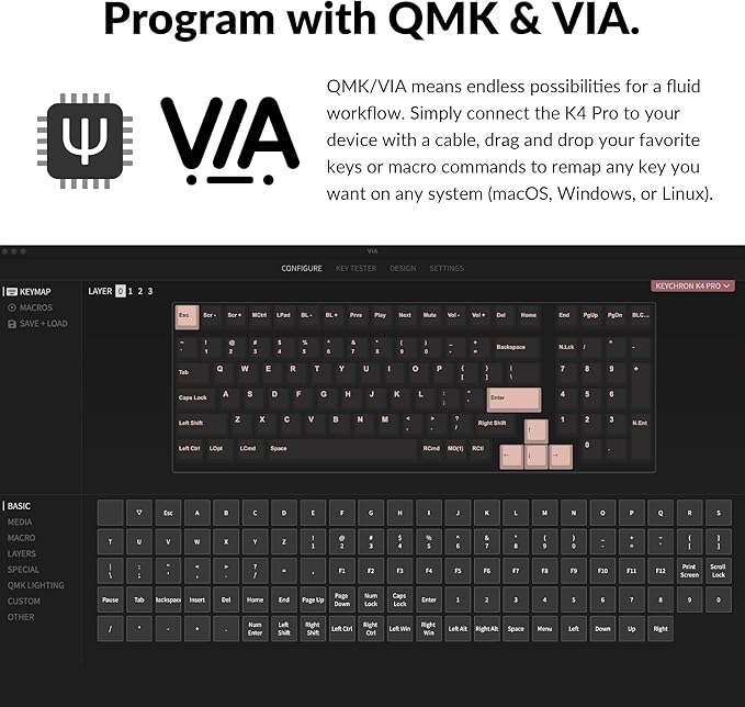 Keychron K4 Pro QMK/VIA Bluetooth Wireless Mechanical Keyboard, 96% Layout Custom Programmable Gaming Keyboard with White Backlit, Hot-Swappable K Pro Brown Switch for Mac Windows Linux - White