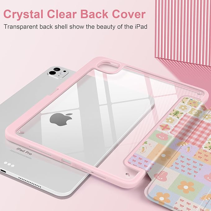 Case for iPad Pro 11 inch (M5) 2025 (M4) 2024 Release Slim Lightweight Cute Light Pink Cover with Clear Back TPU Edge Pencil Holder Trifold Stand, Cute Bunny