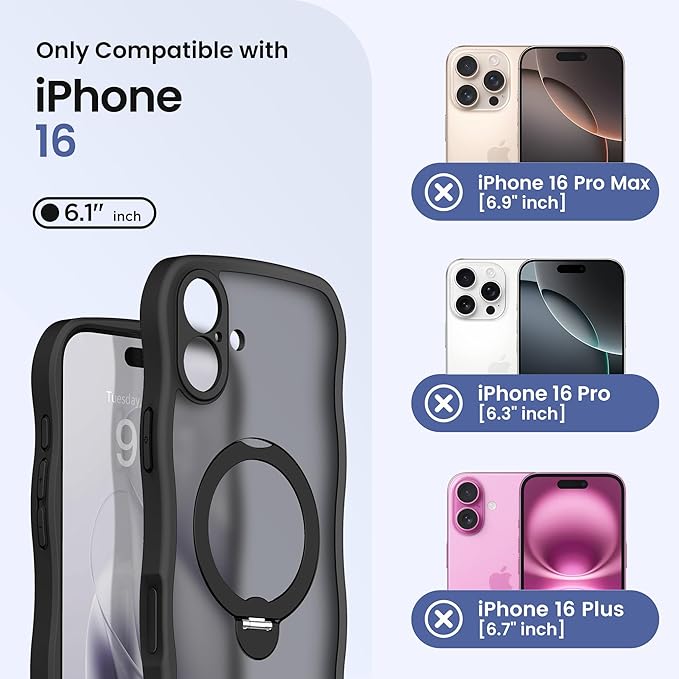 CAPRARO for iPhone 16 Case with 360° Spin Magnetic Stand for Women, [Compatible with MagSafe] [Full Camera Protection] Cute Wave Translucent Matte Case for iPhone 16, Black