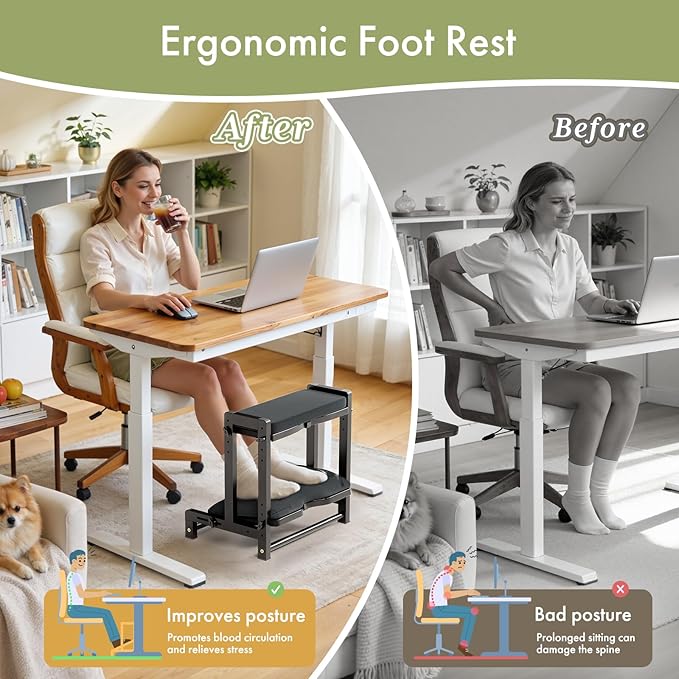 Double Step Foot Rest Under Desk, Adjustable Wooden Desk Foot Rest with 4 Heights, Ergonomic Foot Stool with Cushion for Office, Gaming & Study (Black)