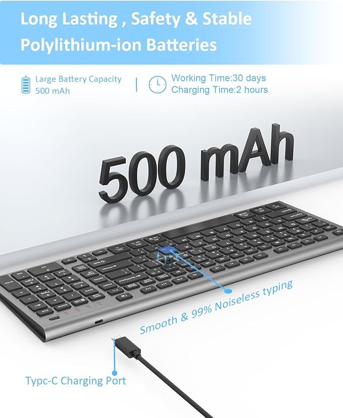 FENIFOX Wireless Keyboard, Bluetooth & 2.4G USB & USB-C Rechargeable Silent Ultra Quiet Low Profile Compact Full Size with Number Pad Soft Multi Device for Mac MacBook Windows PC - Black & Grey