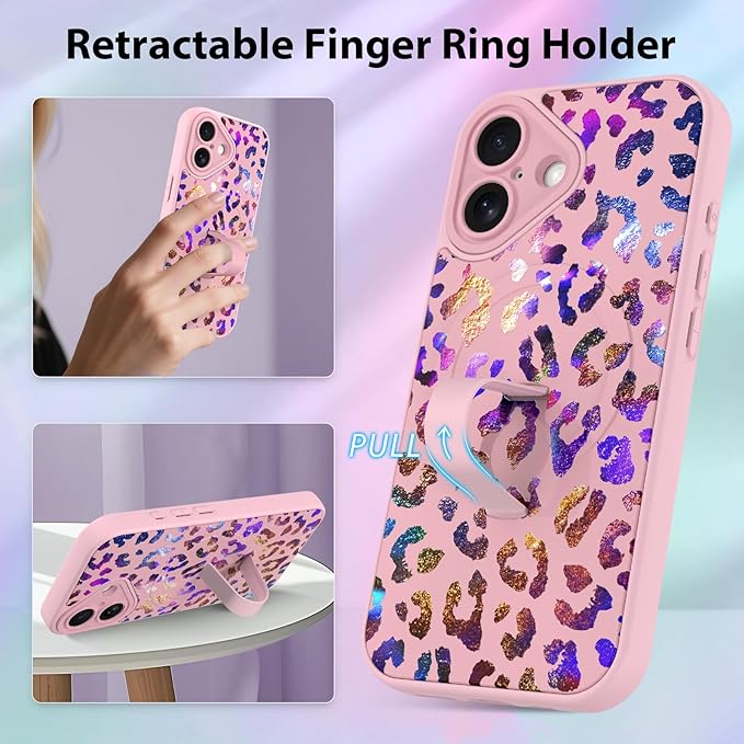 KANGHAR Compatible with iPhone 16 Case, Support for MagSafe, Silicone Cute Iridescent Leopard Cheetah Pattern, Wristband Kickstand Shockproof Protective Slim Cover for Women Girls, Pink
