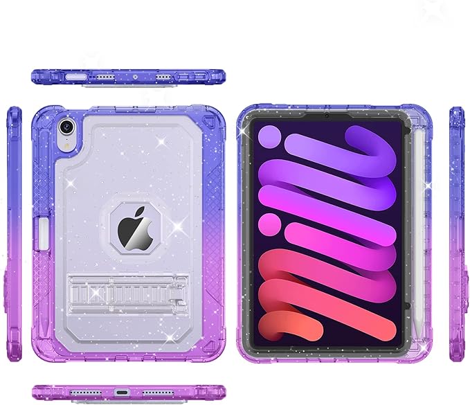 ZoneFoker Case for iPad mini A17 Pro, for iPad mini 7th/6th Generation Case 8.3 inch 2024/2021 with Pencil Holder/Stand, Slim Cover for i Pad Mini 7/6 (Clear Glitter/Gradient Blue Purple)