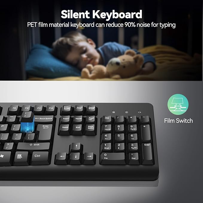 TECKNET Wireless Keyboard, 2.4G Silent Full-Size USB Keyboard with Number Pad, Ergonomic Keys & Adjustable Feet, Compatible with Laptop, PC, Desktop, Notebook, Windows 11/10/8/7 –Black
