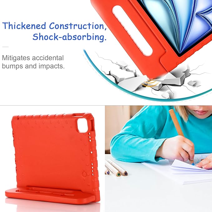 Kids Case for iPad Pro 11" M5/M4 & iPad Air 11" (2026/2025/2024) Shockproof Case with Pencil Holder, Techcircle Light EVA Foam Handle Stand Bumper Protective Child Friendly Drop Proof Cover, Red
