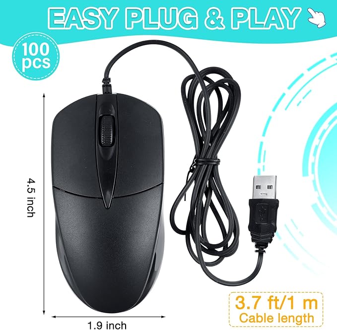 Kathfly 50 Pcs Black Wired USB Computer Mouse Bulk 1000 DPI 3 Button Corded Mouse with Home Office Noiseless Simple USB for Computer Laptop Desktop PC