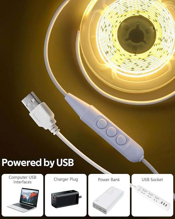 Aclorol USB COB LED Strip Lights 3.28FT 5V Warm White Flexible LED TV Backlight with 1.5M USB Powered DImmable LED Light Strip High Density 320LEDs/M CRI>85 for Bedroom headboard Home DIY Lighting