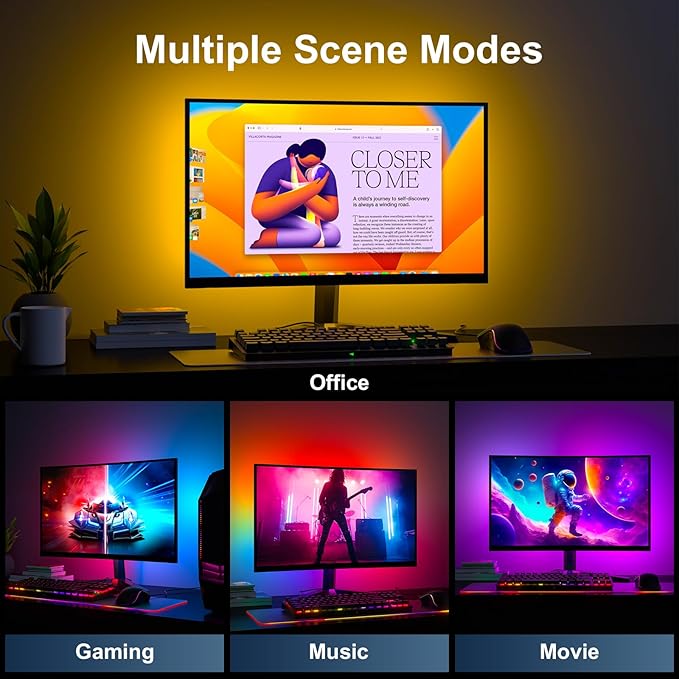 Monitor LED Backlights, 4-Side 24-32inch LED Strip Light Sync with Screen Color/Music, Computer Light Bar Behind Screen, for PC/Mac, LEDs for Desk Gaming, USB Interface (4-Side 27inch)